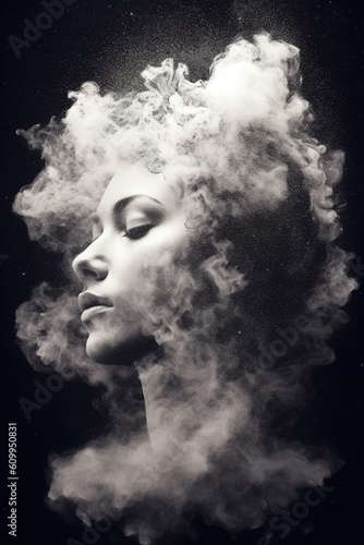 Woman in the clouds of smoke and dust. Stunning photorealistic portrait. Generative art © Cheport