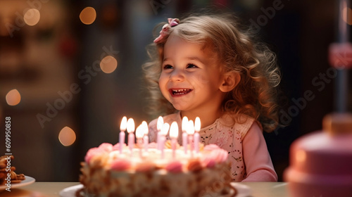 One cute little girl in pink smiles for her birthday. Cake with lit candles in blur. Blurred background. Generative AI technology