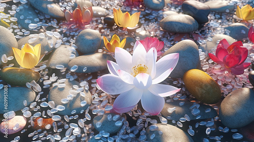 Colorful pebbles with lotus flowers in full bloom