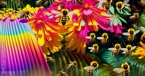 Rain forest Flowers And Buzzing Bumble Bees Generative AI Animation