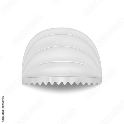 Blank white foldable round door awning realistic vector mockup. Scallop edge canopy mock-up. Window tent roof for restaurant, cafe, hotel or store. Template for design