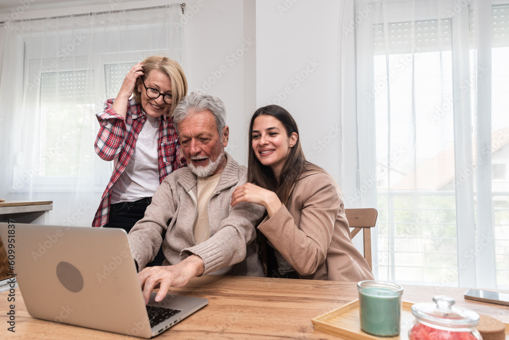 Foto de Happy three-generation family hugging sit indoors enjoy time ...