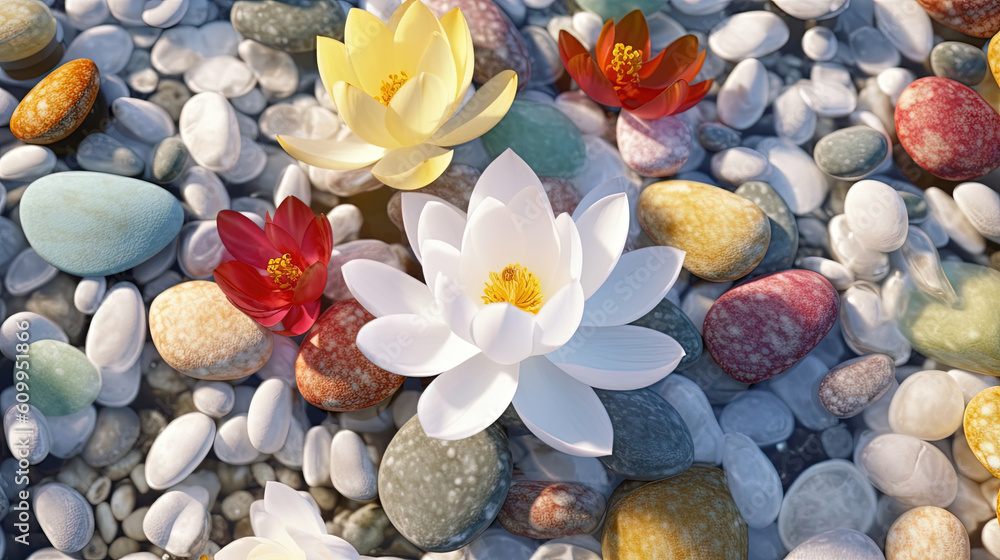 Colorful pebbles with lotus flowers in full bloom Colorful pebbles with lotus flowers in full bloom