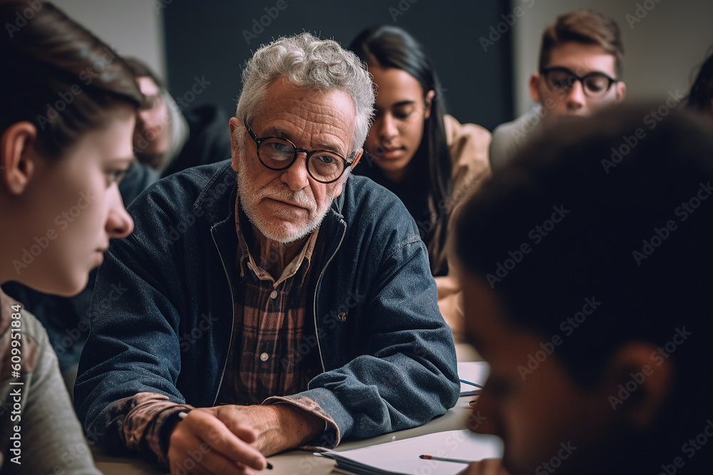 Illustration of Professor and students engaged in a lively discussion during a seminar. Back to university. ai generative Illustration of Professor and students engaged in a lively discussion during a seminar. Back to university. ai generative