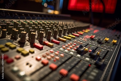 Professional Microphone and Sound Mixer in Radio Studio, Generative Ai photo
