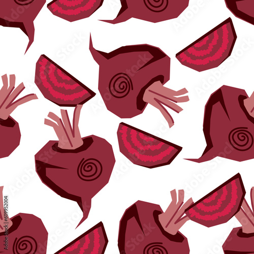 Beet seamless pattern for kitchen textile print and food wrapping. Beetroot seamless endless pattern design for kitchen textiles and food packaging, flat hand drawn vector illustration.