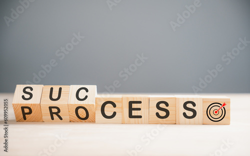 Принти на полотні Wooden cube block depicting the journey to success, as it flips over the word process on a wood table