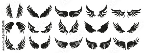 Collection of black vector wings for logo or emblem design. Bird wings, angel wings elements.