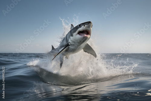 A shark leaping out of the water creates a powerful image of danger and aggression. This action shot in sepia tone is perfect for adventure and tourism themes. AI Generative.