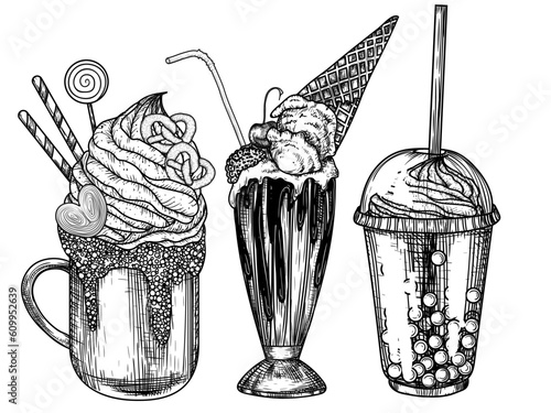 Vector illustration of a set of 3 summer drinks. 2 milkshakes and a bubble tea in engraving style