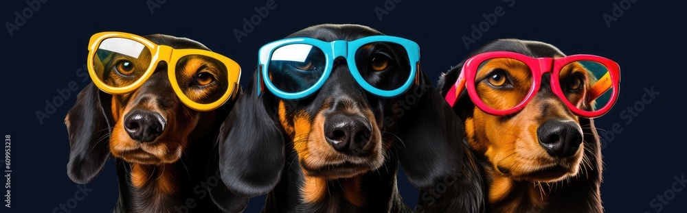 Three dachshund dogs with colored sunglasses