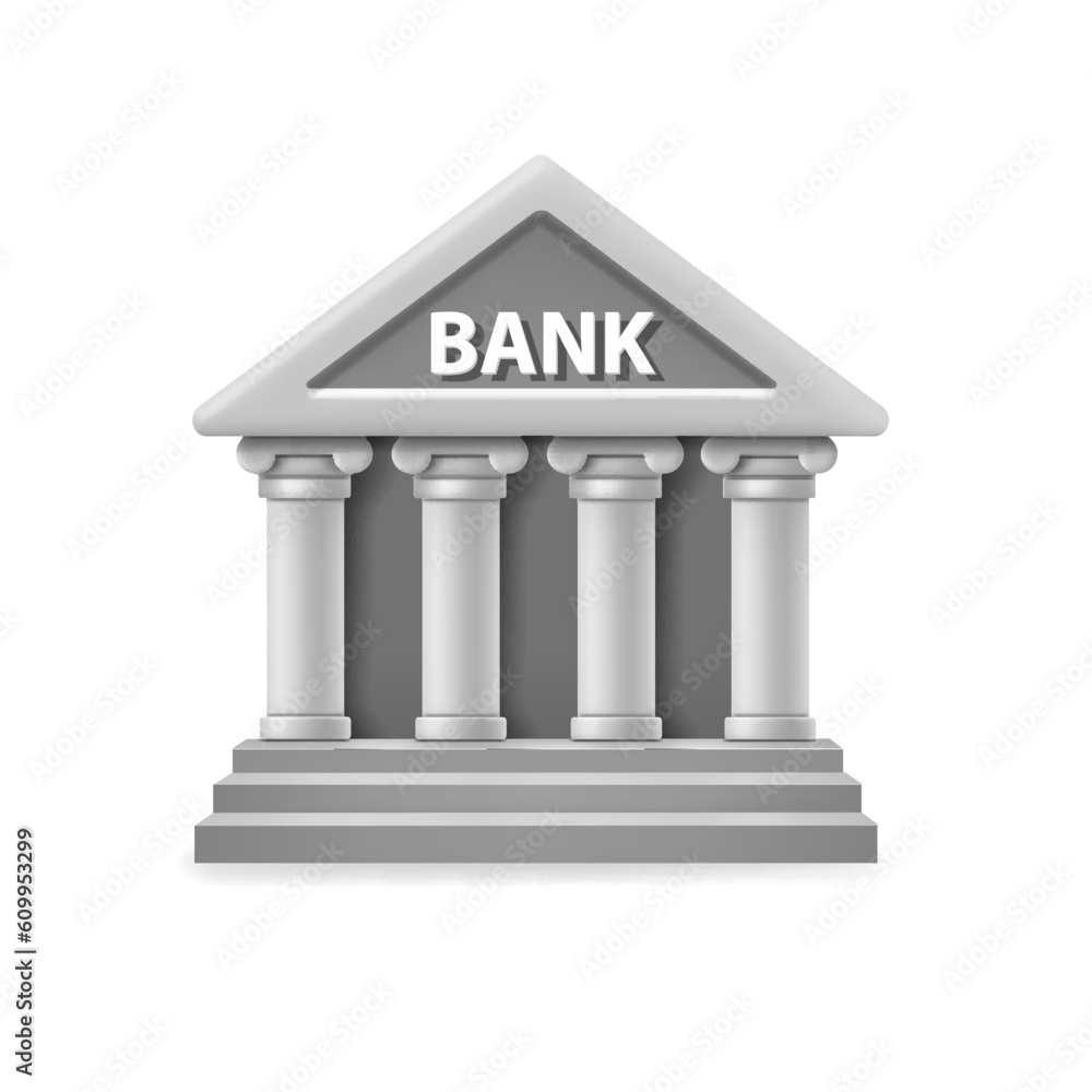 Bank building 3d icon. Bank service, online banking cartoon vector. Financial services, money exchange