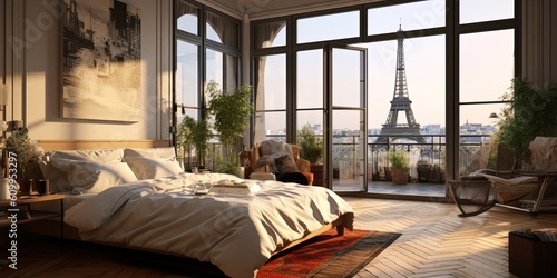 Illustration of modern bedroom with big french windows