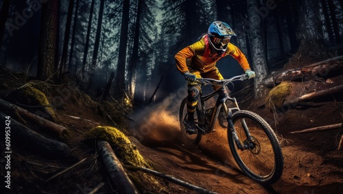 Extreme bike rider on a road in a forest photo