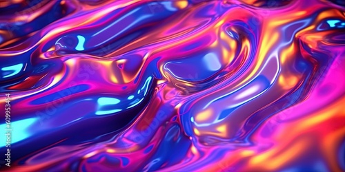 Iridescent liquid metal surface with ripples.  Abstract fluorescent background. Fluid neon leak backdrop. Ultraviolet viscous