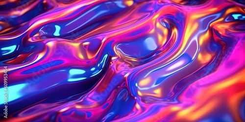 Iridescent liquid metal surface with ripples. Abstract fluorescent background. Fluid neon leak backdrop. Ultraviolet viscous