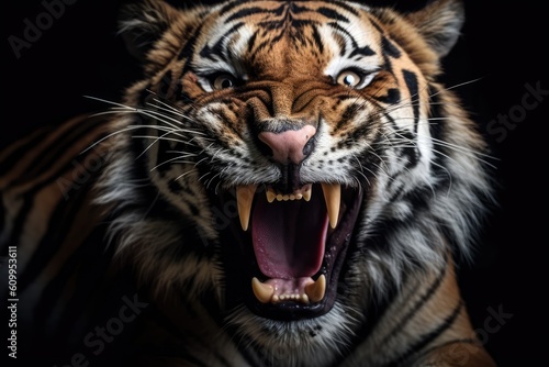 close up of a tiger with its mouth open against a black background © Photo And Art Panda