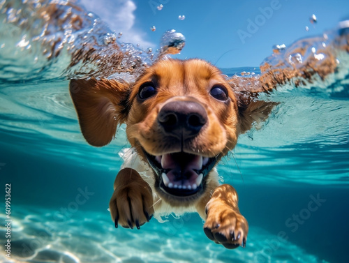 Cute happy puppy swimming in the sea. Generative AI. © Shockolada