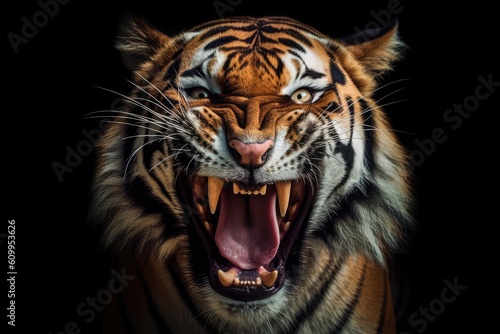 close up of a tiger with its mouth open against a black background