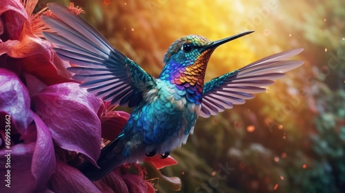 Colorful hummingbird with blue wings perched on plants. Beautiful bokeh background.