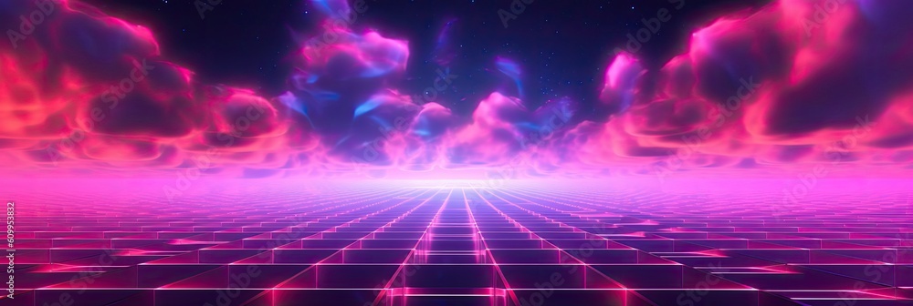 Neon futuristic background with stars and clouds