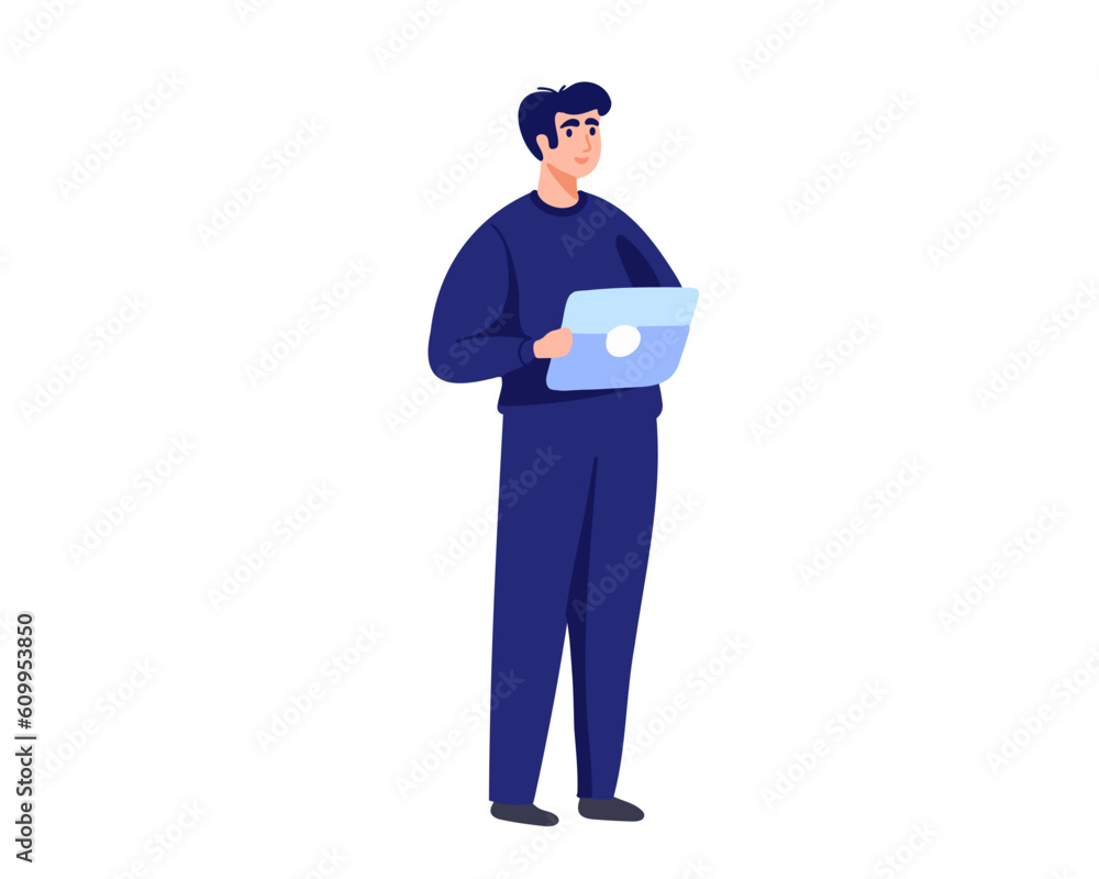 A man stands with a tablet in his hands. Flat vector illustration. A man stands with a tablet in his hands. Flat vector illustration.