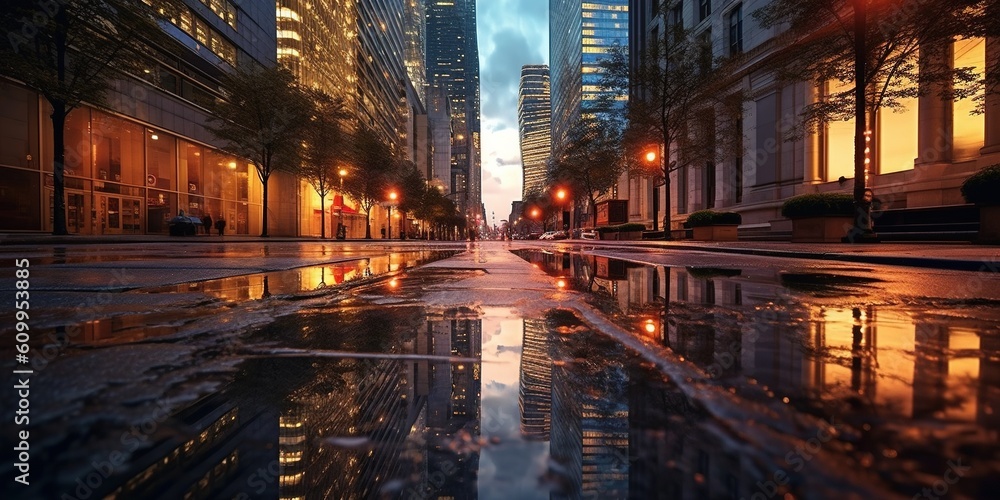 Modern buildings in capital city with light reflection from puddles on street.