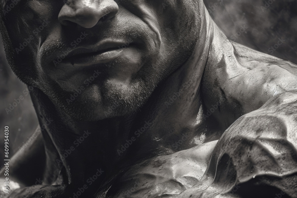 Strength and purpose emanating from a focused gaze and tensed muscles ...