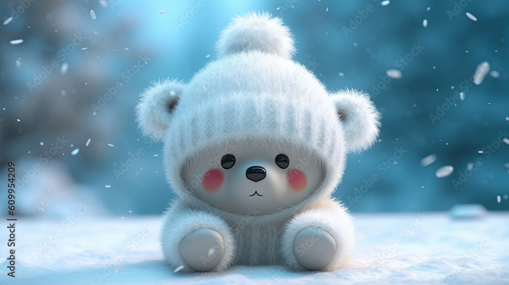 Cute baby white bear wearing a woolly hat in winter Cute baby white bear wearing a woolly hat in winter