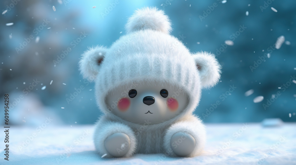 Cute baby white bear wearing a woolly hat in winter Cute baby white bear wearing a woolly hat in winter