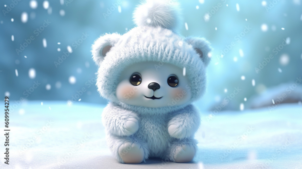 Cute baby white bear wearing a woolly hat in winter Cute baby white bear wearing a woolly hat in winter