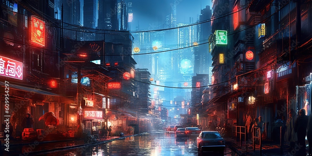 Nighttime cyberpunk city illustration