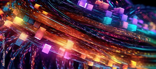 Abstract image of various cables and wires with glowing neon lights. 