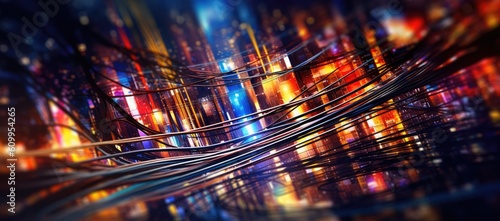 Abstract image of various cables and wires with glowing neon lights. 
