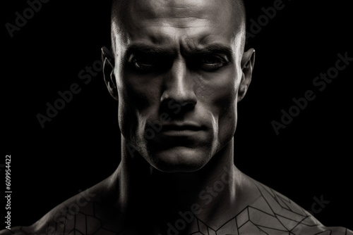 angular jaw sharply defined lines framing an intimidating face.. AI generation