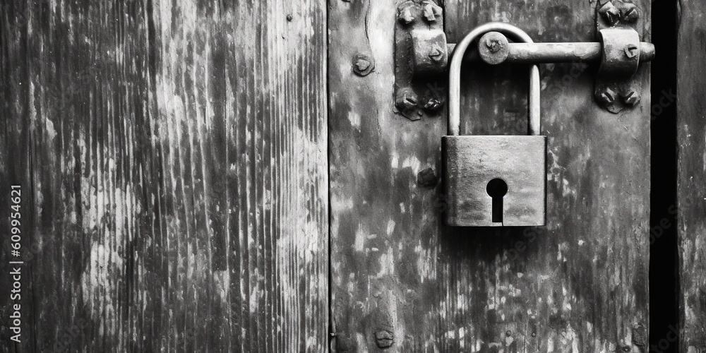 Padlock on old closed door, black and white