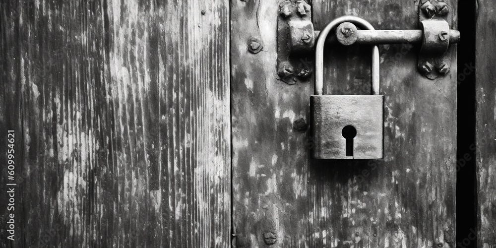 Padlock on old closed door, black and white Padlock on old closed door, black and white