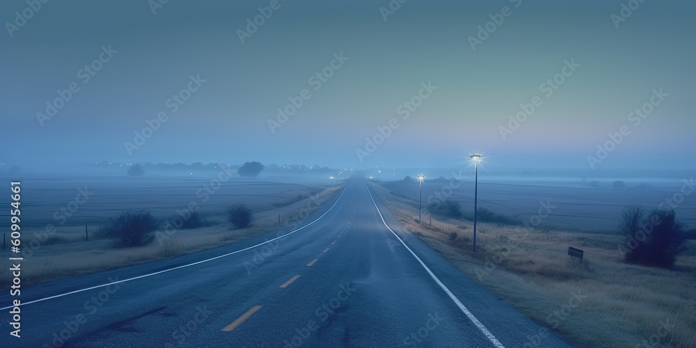 Fototapeta premium Panoramic view of the empty highway through the fields in a fog at twilight. Moonlight, clear sky