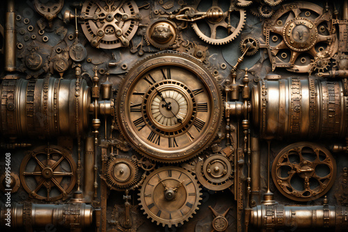 Steampunk ancient gears with retro clock. 3D illustration digital art design, generative AI