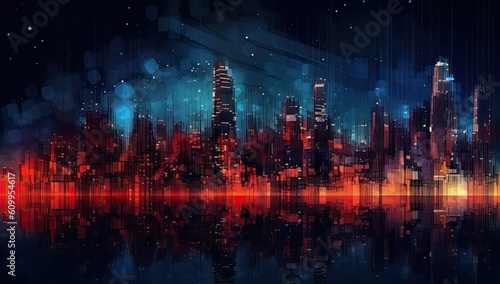 Cityscape with space and neon light effect. Modern hi-tech, science, futuristic technology concept. Abstract digital high tech city design for banner background