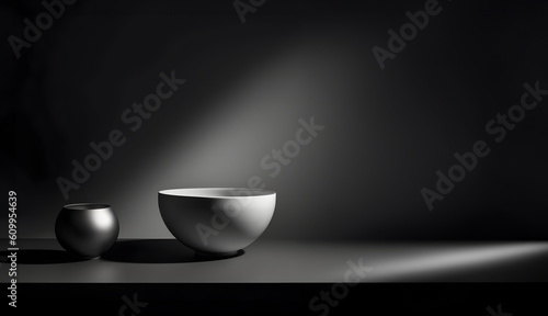 Creative minimal concept. Dark large table wall room with abstract bowl zen deco and natural shadow. Banner template for product presentation. Mock up 3D rendering living, office, gallery