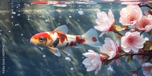 Koi fish swimming in crystal water with cherry blossom petals © Photo And Art Panda