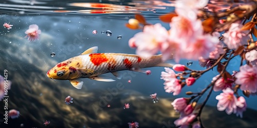Koi fish swimming in crystal water with cherry blossom petals © Photo And Art Panda