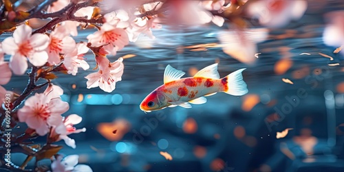 Koi fish swimming in crystal water with cherry blossom petals