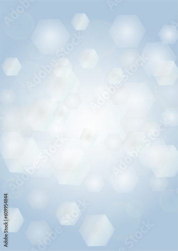 Vector Magical Glowing Background with Silver and Purple Falling Hexagon on Blue. Falling Snow. Glittery Confetti Frame. Christmas and New Year Design. Winter Sky with Bokeh Snowfall.