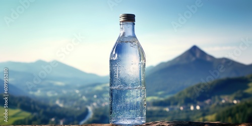 Pure mineral water in a glass bottle. Clean liquid on mountain background.