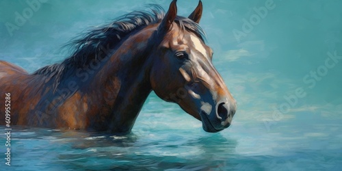 Portrait of a horse on a blue sea background
