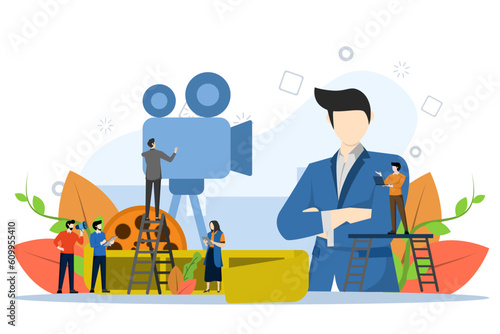online cinema, concept of cinematography, videography, playback, video graphics fine arts, small people recording video big man vector, Vector illustration on a white background.