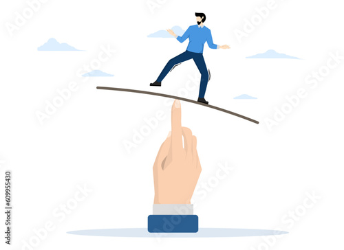 Work life balance. mental stability. Overcoming fear and obstacles, Equality. businessman standing on a seesaw to keep balance, flat vector illustration.