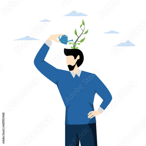 positive attitude to learn new knowledge to improve business problem concept, Self improvement, growth mindset, student smart entrepreneur using watering can to water seeds growing in his head.